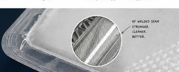 Close-up reference photo of an RF-welded vacuum bag seam